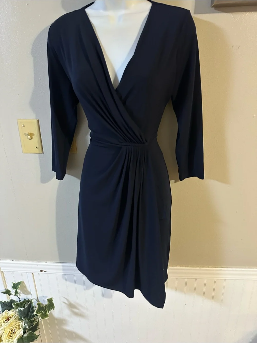 Michael Kors Navy Faux-Wrap Long Sleeve Dress